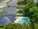 Aerial view of a home with a backyard pool, patio, lush trees, and well-maintained landscaping in a residential neighborhood at 719 58Th S St, Gulfport, FL 33707