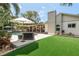 Private backyard featuring artificial turf, a pool, and an outdoor seating area with umbrella at 1 Mandarin Ter, Safety Harbor, FL 34695