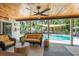 Comfortable covered patio with ceiling fan overlooking the pool and lush backyard at 1 Mandarin Ter, Safety Harbor, FL 34695