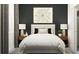 Stylishly decorated bedroom featuring a plush bed with decorative pillows and modern bedside lamps at 12707 Lily Quartz Loop, Parrish, FL 34219
