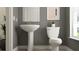 Contemporary bathroom featuring a pedestal sink, toilet, framed mirror, and a leafy green plant at 18469 Serene Lake Loop, Lutz, FL 33548