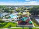 Aerial shot showcasing a community pool, playground, and lush green spaces, creating an inviting and active living environment at 25521 Bruford Blvd, Land O Lakes, FL 34639