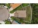 Aerial shot of home with fenced yard and large backyard near other homes in a cul-de-sac at 3305 Hoylake Ct, Land O Lakes, FL 34638