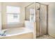 Soaking tub and glass-enclosed shower in naturally lit bathroom at 4514 Arizona Sun Ct, Valrico, FL 33594