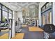Bright gym featuring multiple machines, treadmills, ceiling fan, decorative ceiling and large window at 6109 Marsh Trail Dr, Odessa, FL 33556