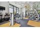 Bright gym featuring multiple machines, treadmills, ceiling fan, decorative ceiling and large window at 6109 Marsh Trail Dr, Odessa, FL 33556