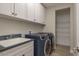 Functional laundry room with modern washer and dryer, ample storage, and a utility sink at 6109 Marsh Trail Dr, Odessa, FL 33556