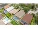 An aerial view of homes with screened pools and well-manicured lawns in a quiet neighborhood at 12229 Coldstream Ln, Tampa, FL 33626
