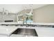 Spacious kitchen with a stainless steel farmhouse sink and view of fireplace and pool at 1460 Kensington Woods Dr, Lutz, FL 33549