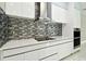 Modern kitchen featuring sleek white cabinets, stainless steel appliances, and a stylish backsplash design at 1460 Kensington Woods Dr, Lutz, FL 33549