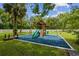 Charming backyard playground with a slide, climbing wall, and swings for Gathering fun at 1460 Kensington Woods Dr, Lutz, FL 33549