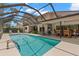 Backyard pool features a dining set with a screened enclosure and lush landscaping around the pool area at 3133 Harvest Moon Dr, Palm Harbor, FL 34683