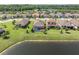 Aerial view showcasing homes, each with a screened-in pool, surrounding a large lake at 3167 Forsythia Dr, Odessa, FL 33556