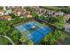 Aerial view of blue tennis courts surrounded by palm trees at 33219 Kateland Dr, Wesley Chapel, FL 33545