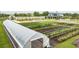 A vibrant community garden featuring raised garden beds and a greenhouse, set against the backdrop of a stylish clubhouse at 9779 Minnow Ray Dr, Land O Lakes, FL 34638