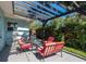 Covered patio with comfortable seating, string lights, and a view of the landscaped backyard at 1281 Robin Hood Ln, Dunedin, FL 34698