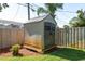 Yard featuring a storage shed set on a wood pallet with fencing at 1281 Robin Hood Ln, Dunedin, FL 34698