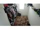 This organized walk-in closet provides ample storage space, natural light from the window and a colorful rug at 16728 Kingman Reef St, Wimauma, FL 33598