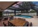 Entertaining pool area showing the outdoor dining set, seating, and hot tub under a screened enclosure at 1675 Eden Ct, Clearwater, FL 33756