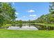 Scenic view of a tranquil pond surrounded by lush greenery at 2238 Shirecrest Cove Way, Lutz, FL 33558