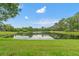 Beautiful pond with clear reflection surrounded by trees and green lawn at 2238 Shirecrest Cove Way, Lutz, FL 33558