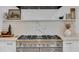 Close-up of chef's range and backsplash with quartz countertops and white cabinetry at 3144 W Waverly Park, Tampa, FL 33629