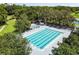Aerial view of a large community pool with multiple lanes, surrounded by lounge chairs and mature trees at 5813 Bent Grass Dr, Valrico, FL 33596