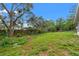 Green backyard features a spacious lawn bordered by tall trees, a fence, and partial view of screened-in porch at 6058 Waycross Dr, Spring Hill, FL 34606