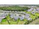 Aerial view of a residential neighborhood featuring well-maintained homes with green lawns and mature trees at 3541 Great Banyan Way, Wesley Chapel, FL 33543