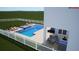 Aerial view of new pool with spa, firepit and patio with outdoor dining set at 3541 Great Banyan Way, Wesley Chapel, FL 33543