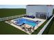 Aerial view of new pool with spa, firepit and patio with outdoor seating at 3541 Great Banyan Way, Wesley Chapel, FL 33543