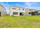 Expansive backyard view showing the home's exterior, a covered patio, and well-maintained green lawn at 3541 Great Banyan Way, Wesley Chapel, FL 33543