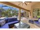 Inviting screened patio with stylish blue furniture, perfect for relaxing and entertaining by the pool at 512 Creekside Ct, Safety Harbor, FL 34695