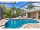 Enclosed pool area featuring a waterfall, hot tub, and comfortable seating with tropical landscaping at 512 Creekside Ct, Safety Harbor, FL 34695