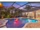 Screened pool with colorful LED lighting, spa, and outdoor seating, perfect for evening relaxation at 512 Creekside Ct, Safety Harbor, FL 34695