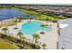 Aerial view of community pool with palm trees, lounge chairs, and lake in the background at 14206 Covert Green Pl, Riverview, FL 33579