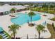 Aerial view of the community pool surrounded by lounge chairs and palm trees at 14206 Covert Green Pl, Riverview, FL 33579