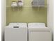 Functional laundry area with a modern washer and dryer with storage at 10113 Trumpet Honetsuckle Way, San Antonio, FL 33576