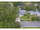 Aerial view of home showcasing the backyard pool, brick driveway, and meticulously kept landscaping at 1368 Whispering Pines Dr, Clearwater, FL 33764