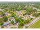 Aerial view of a property outlined in yellow nestled among lush green trees, located in a well established neighborhood at 1607 Bell Shoals Rd, Brandon, FL 33511