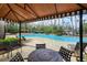 Covered poolside seating area with tables and chairs, offering a relaxing view of the pool and palm trees at 27528 Water Ash Dr, Wesley Chapel, FL 33544