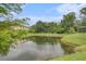A tranquil pond surrounded by mature trees, with lush vegetation at 2844 Jacob Crossing Ln, Holiday, FL 34691