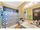 The bathroom features a shower with patterned curtain, toilet, and a vanity at 306 Brandywine Dr, Valrico, FL 33594