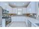 Modern kitchen with stainless steel appliances, white cabinetry, and granite countertops at 8433 Alberata Vista Dr, Tampa, FL 33647