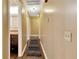 Hallway with wood floors, decorative rug, neutral paint, and doors to rooms at 9615 Raiden Ln, Riverview, FL 33569