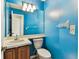 Bathroom featuring blue walls, single sink with wooden cabinet, toilet, towel bar, mirror, and lighting at 10208 Evening Trail Dr, Riverview, FL 33569