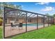 Exterior backyard view of screened pool, brick patio, green grass and plantings at 11245 Bella Loma Dr, Largo, FL 33774