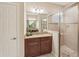 Bathroom with a vanity, a large mirror, and a glass-enclosed shower with tiled walls at 13128 Foxtail Fern Dr, Riverview, FL 33579