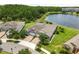 Aerial view showcasing a well-maintained neighborhood with homes near a tranquil lake and green landscape at 16898 Balance Cv, Land O Lakes, FL 34638