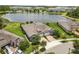 Scenic aerial view of lakeside homes with manicured lawns and lush landscaping in a peaceful community at 16898 Balance Cv, Land O Lakes, FL 34638